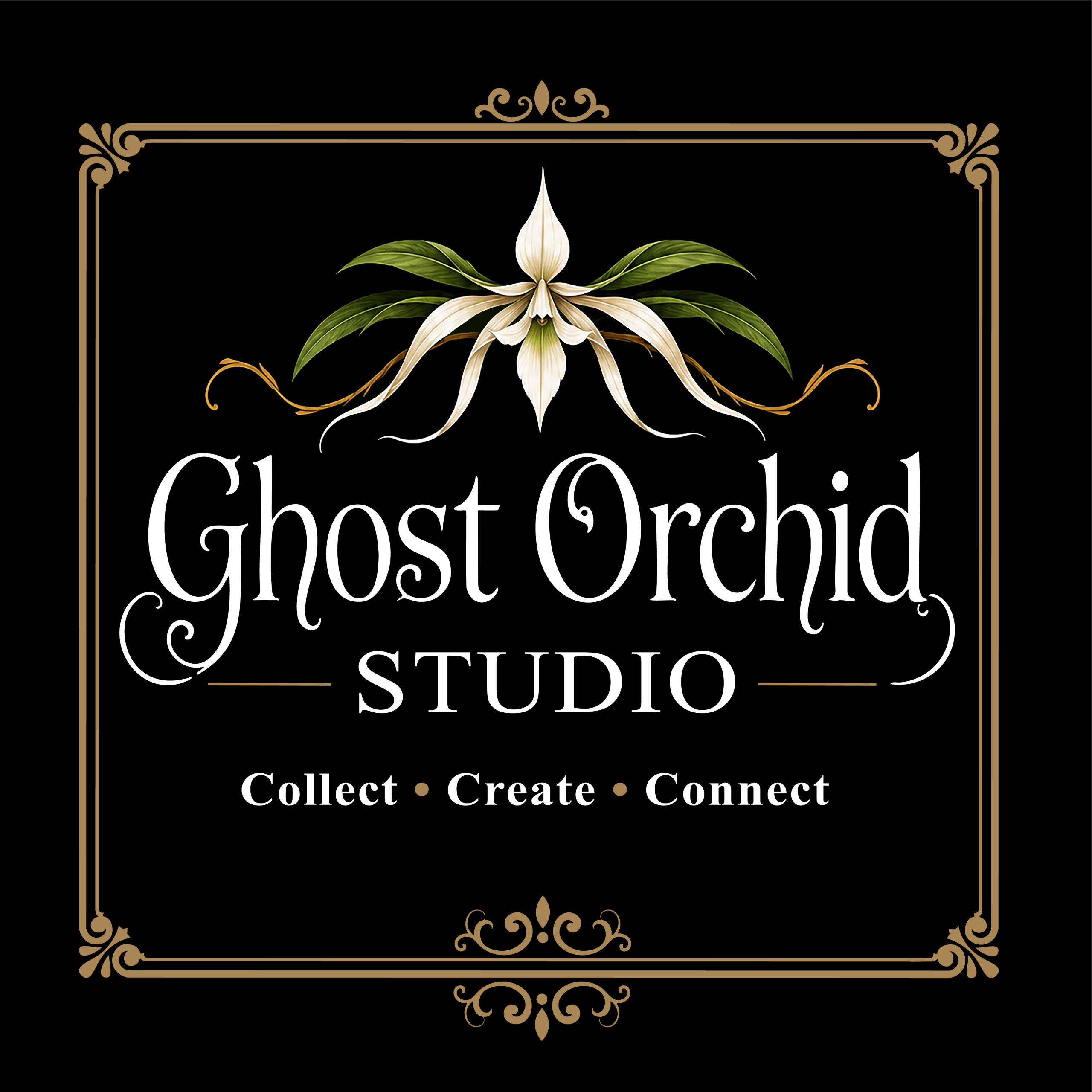 Ghost Orchid Studio logo with orchid and Collect Create Connect motto