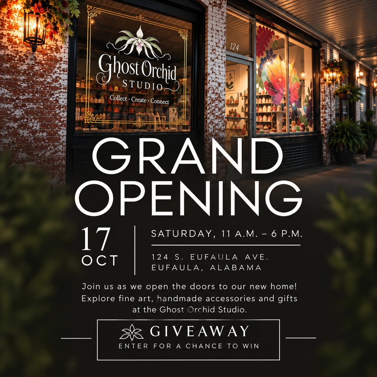 Ghost Orchid Studio grand opening: Saturday, October 17, 11 a.m.–6 p.m., 124 S. Eufaula Ave., Eufaula, Alabama. Fine art, handmade accessories and gifts; giveaway entry available.